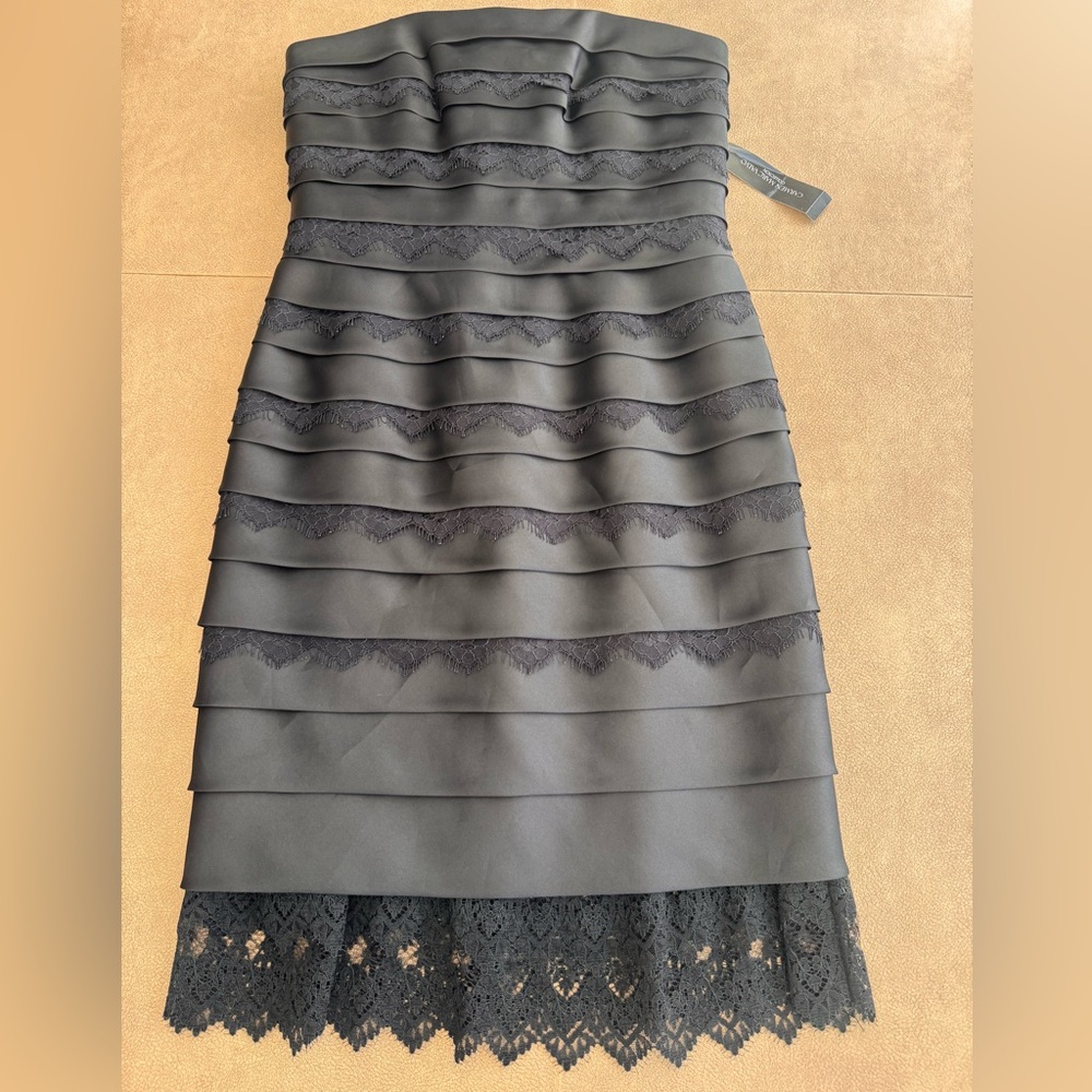 Carmen Marc Valvo Black Strapless cocktail Dress with Lace Detail NWT